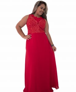 VESTIDO LONGO C/ TULE TRANSPARENTE E RENDA